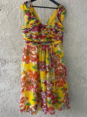 100% Silk Jones New York Floral Midi Dress Yellow Romanticcore Size 12